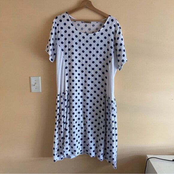 Beyond Capri Midi Dress Woman One Size White Blue Polka Dot 100% Cotton Artsy - Picture 12 of 12